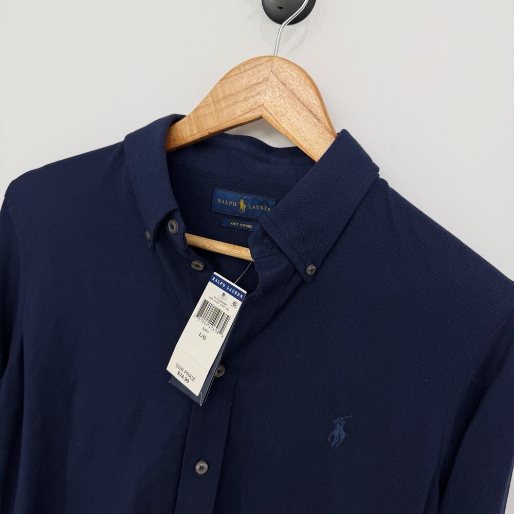 NWT! Women’s Ralph Lauren Knit Oxford Navy Blue Button Down Shirt Size L - Picture 2 of 6